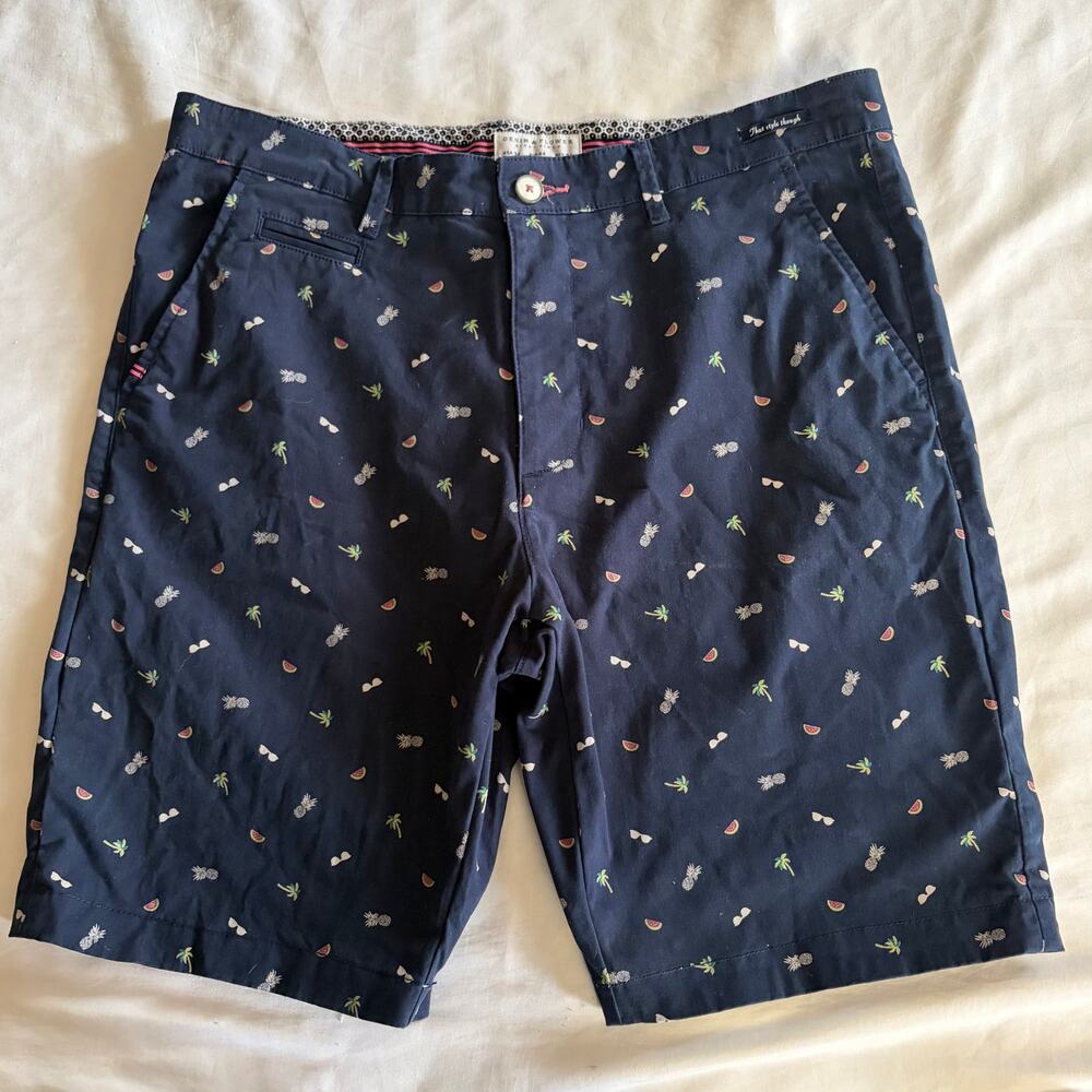 Denim & Flowers Tropical Beach Coastal Preppy Resort Wear Chino Navy Shorts 34
